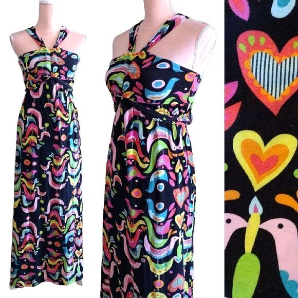 VTG 90s Black Colorful Birds Folk Art Print Sleeveless Halter Maxi Dress Small - Picture 1 of 17